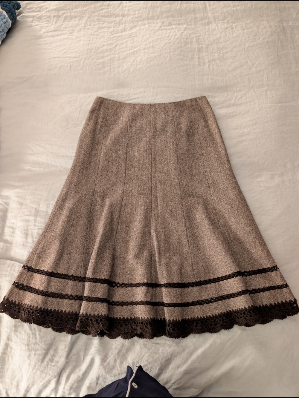 Talbots Wool Silk Blend Midi Skirt Brown Crochet Lace Hem A-Line Lined Size 8